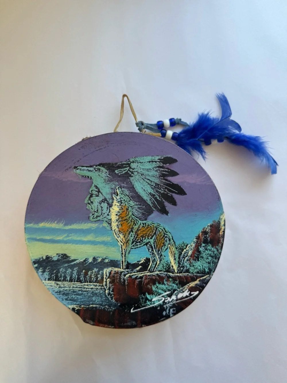 Vintage 1990s Native American Hand Painted Rawhide Drum Artist Signed Decorative